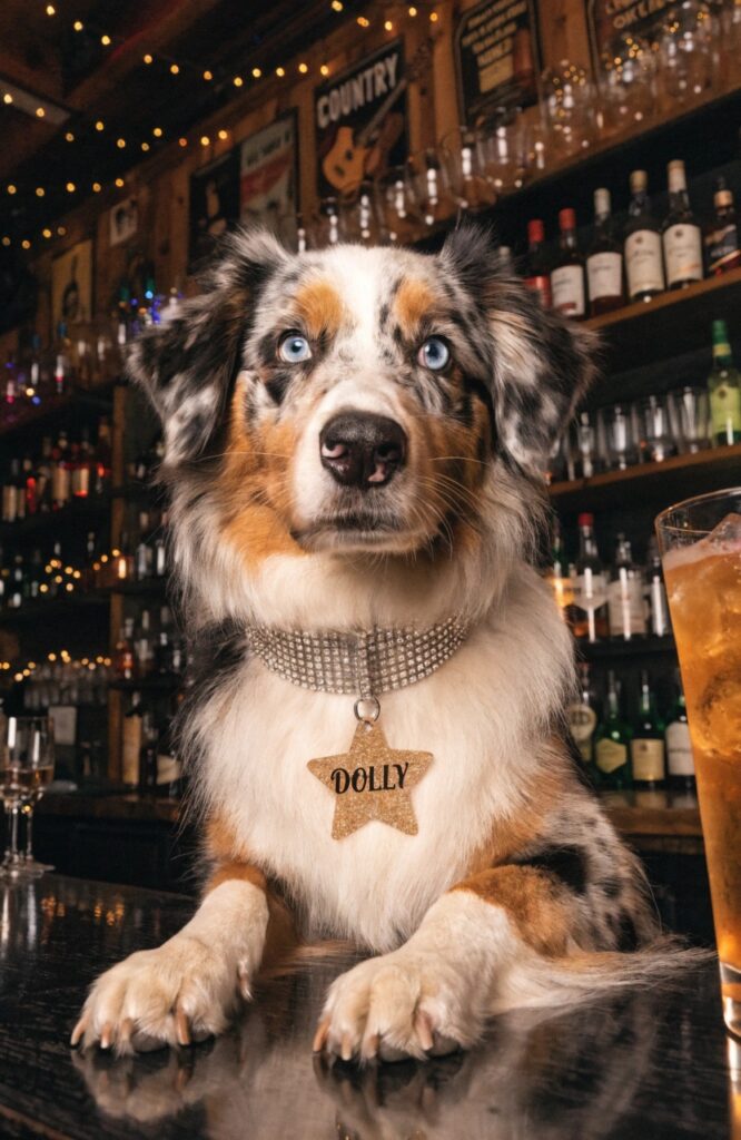 female dog with country music inspired western name tag
