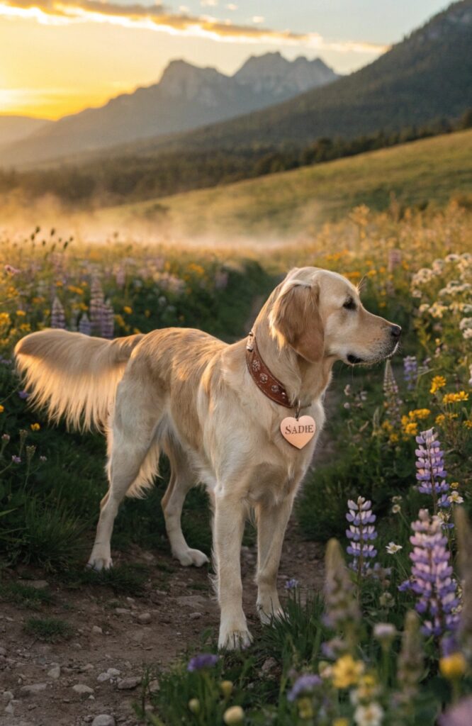 female dog wearing elegant western name tag in meadow