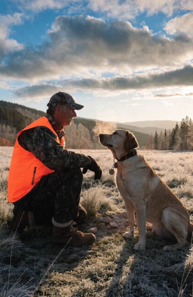 hunter and dog in outdoor magazine editorial photo