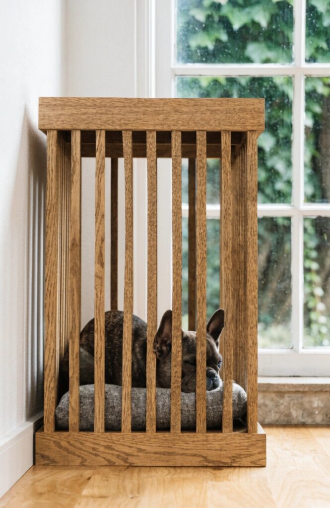 natural wooden slatted kennel for dogs indoors