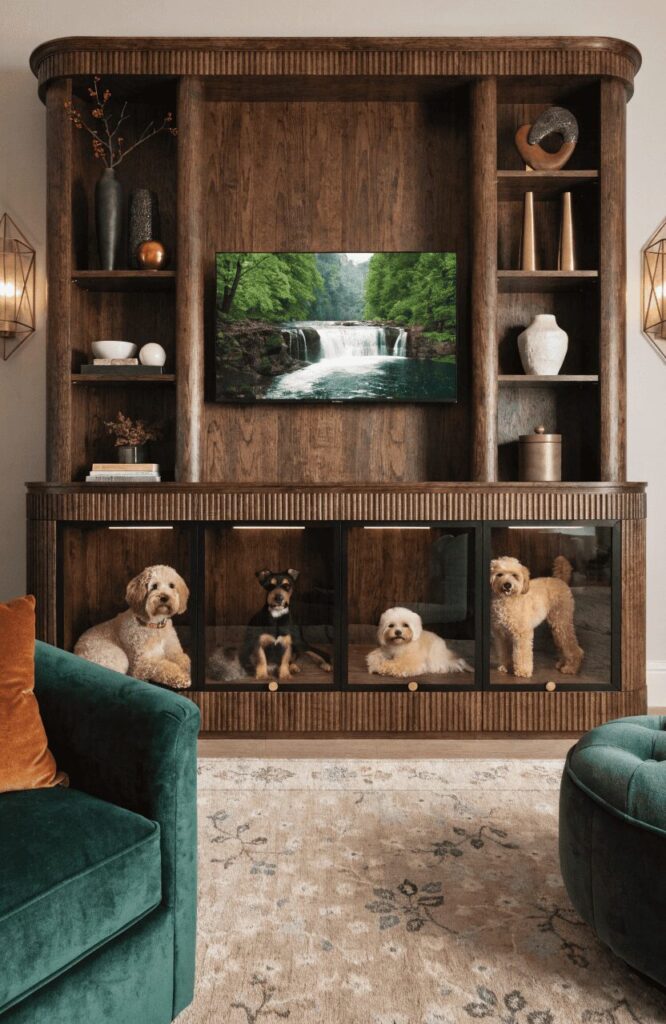 entertainment center ideas with dog kennel in various styles