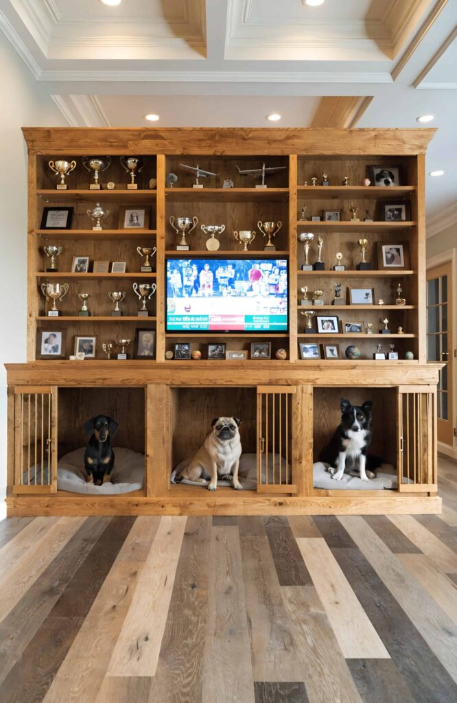 three kennel entertainment center with individual compartments for each dog