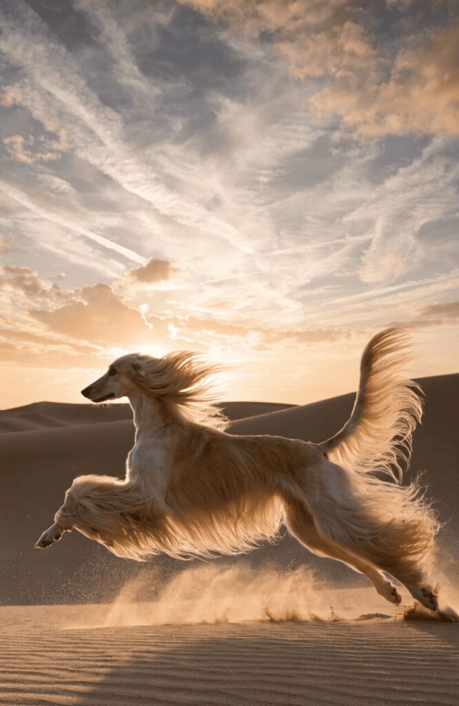 Afghan Hound dog with really long hair galloping outdoors
