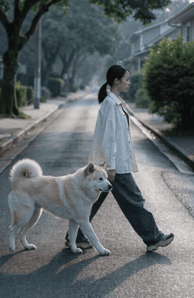 powerful Akita walking in perfect stride beside a woman on a quiet tree-lined street at dawn