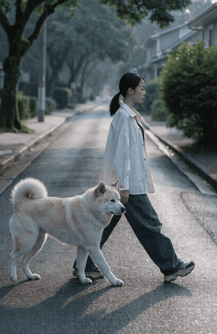 powerful Akita walking in perfect stride beside a woman on a quiet tree-lined street at dawn