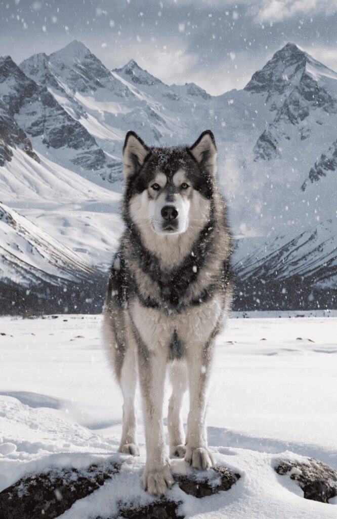 powerful Alaskan Malamute with erect ears in snow