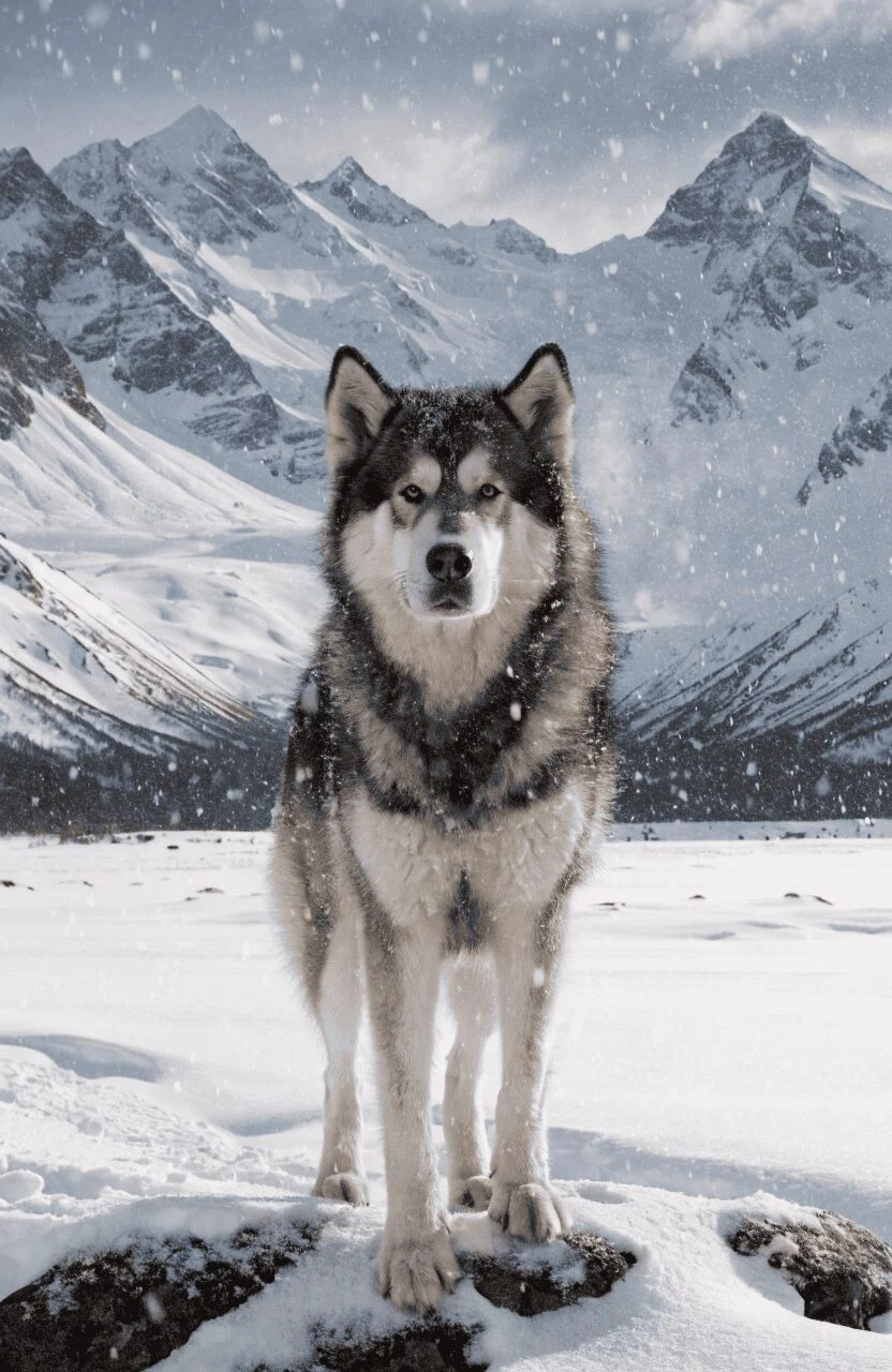 powerful Alaskan Malamute with erect ears in snow