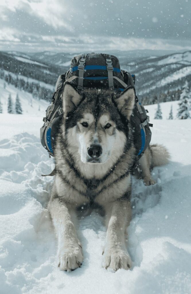 Alaskan Malamute with hiking pack resting in deep snow showing endurance on cold weather trails
