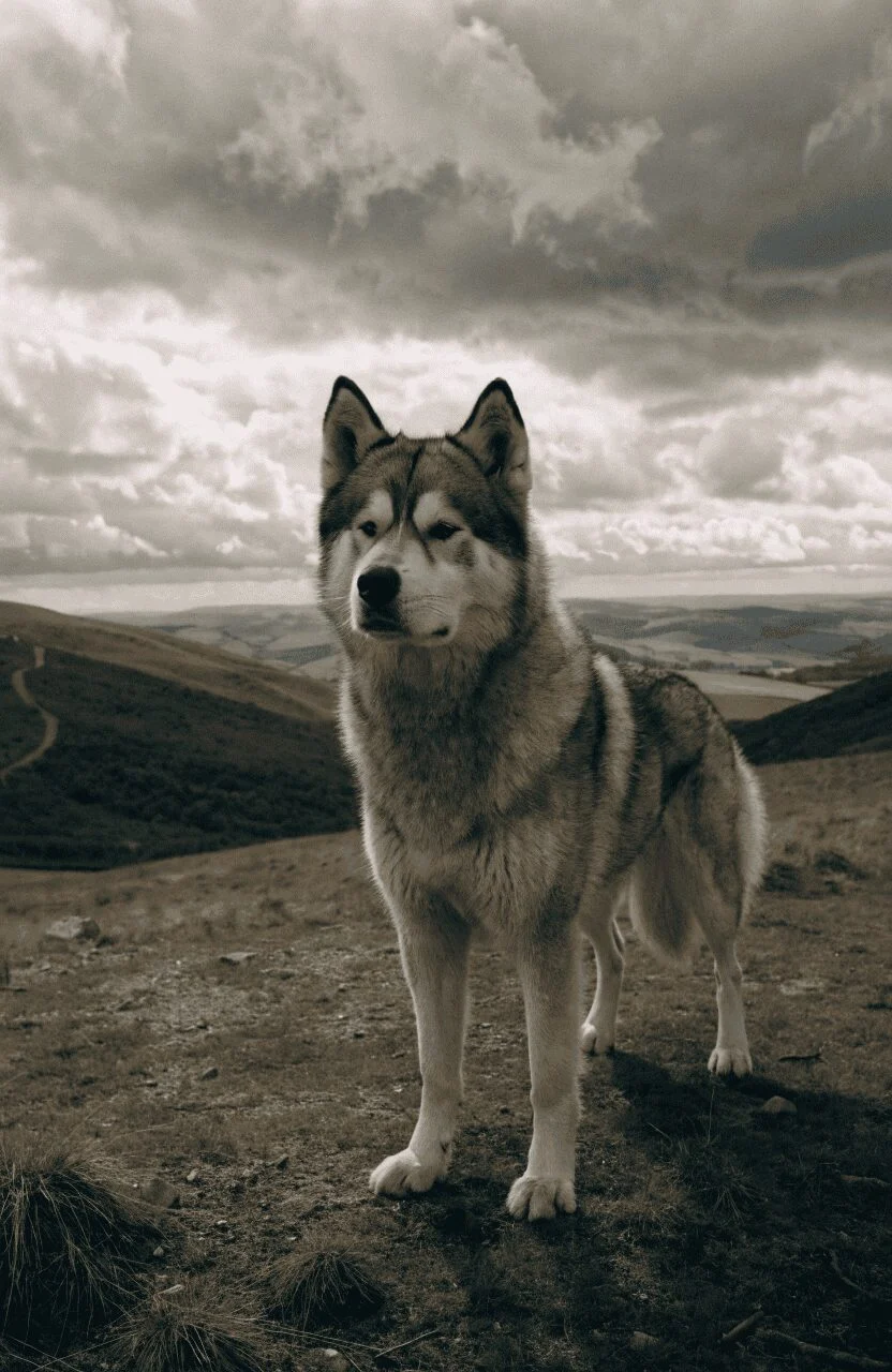 Alaskan Malamute standing on rolling hills under dramatic overcast sky