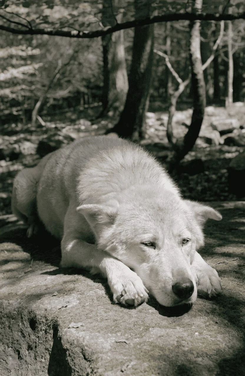 American Alsatian resting in dappled forest light showing massive calm presence
