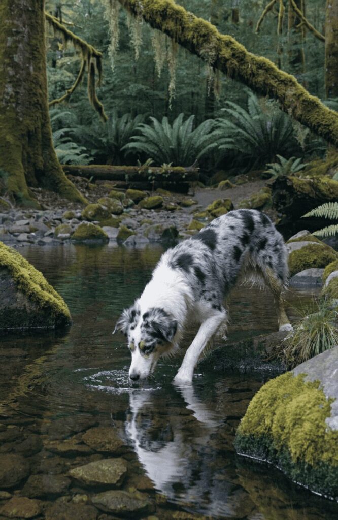 Australian Shepherd taking a water break at a forest stream on a Pacific Northwest hiking trail
