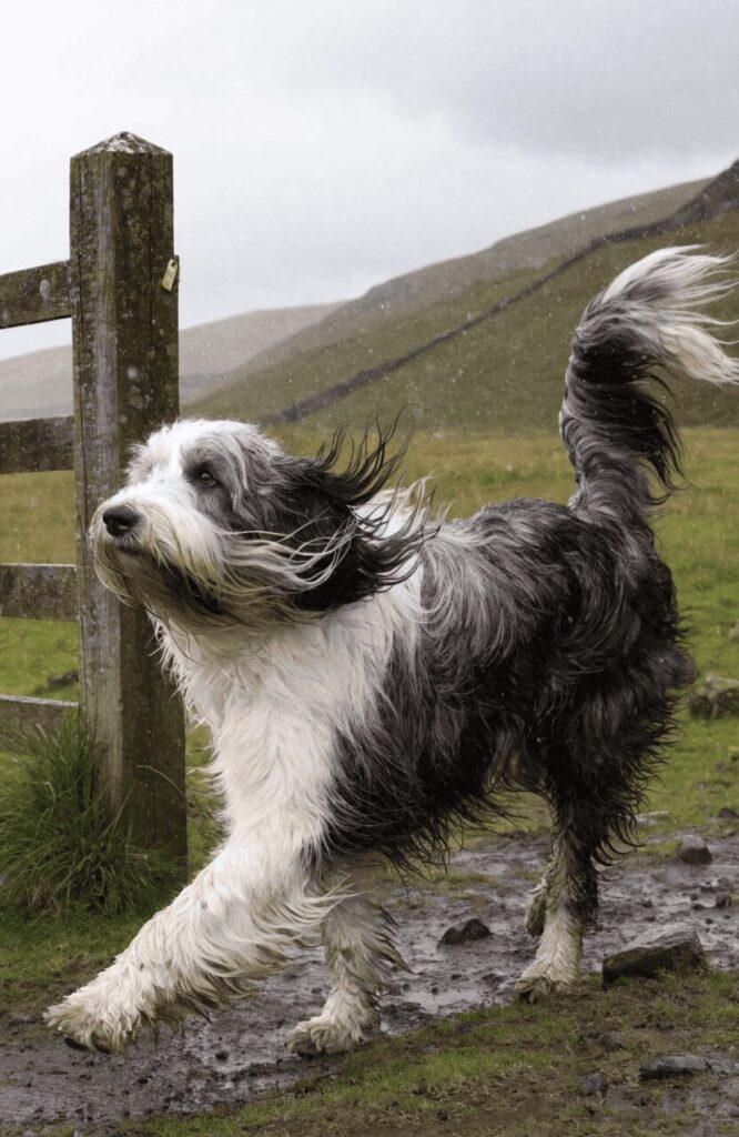 Bearded Collie shaggy dog breed in real countryside