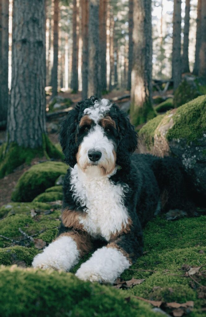 Bernedoodle tri-color large dog in nature