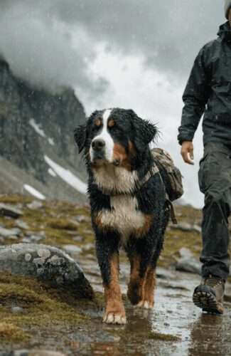 Bernese Mountain Dog carrying its own hiking pack through a rainy alpine meadow on a cold mountain hike