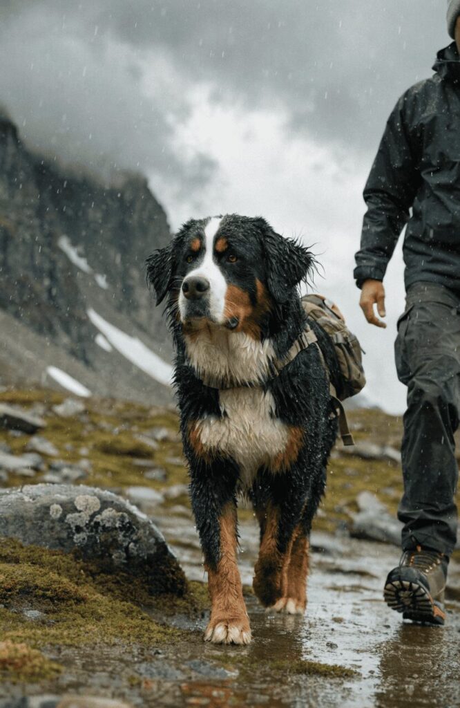 Bernese Mountain Dog carrying its own hiking pack through a rainy alpine meadow on a cold mountain hike