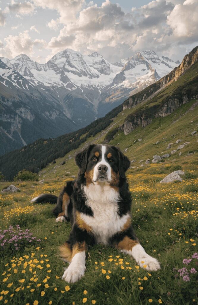 Bernese Mountain Dog black tricolor sitting in alpine meadow