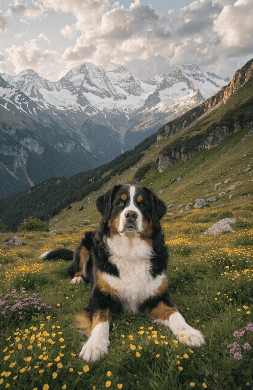 Bernese Mountain Dog black tricolor sitting in alpine meadow
