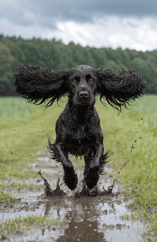 black Cocker Spaniel running through muddy field ears flying