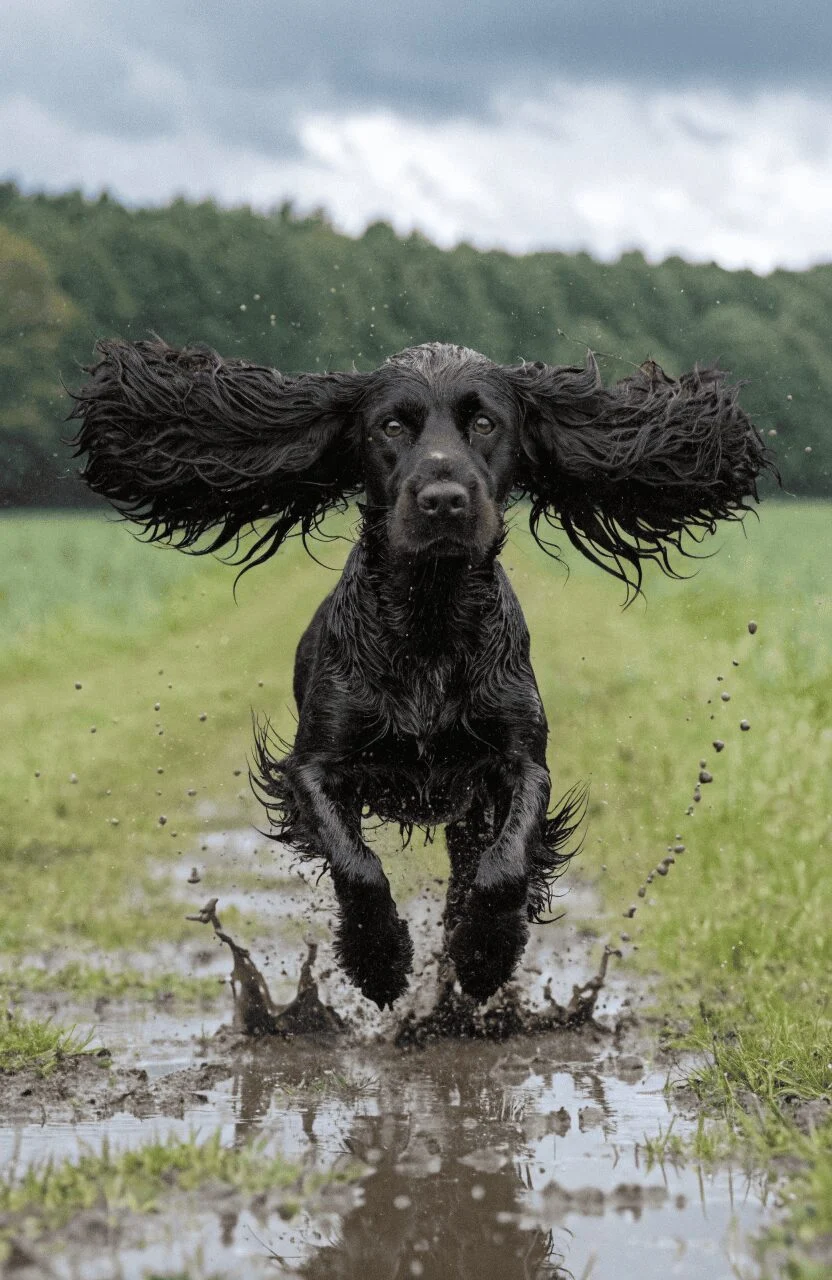 black Cocker Spaniel running through muddy field ears flying