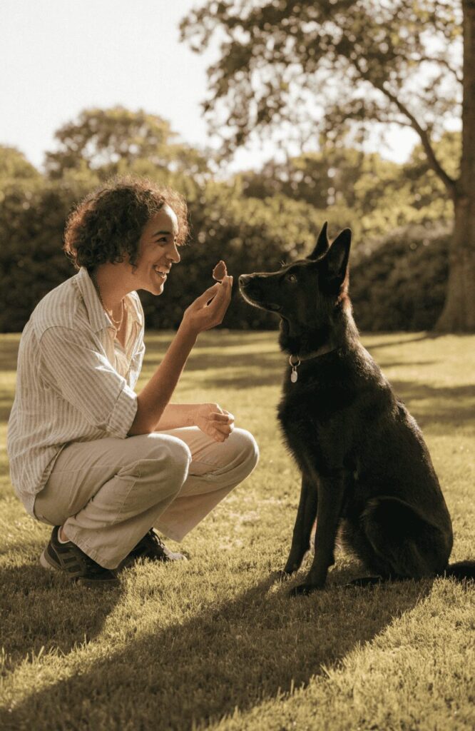 owner rewarding a german shepherd with treat during obedience session