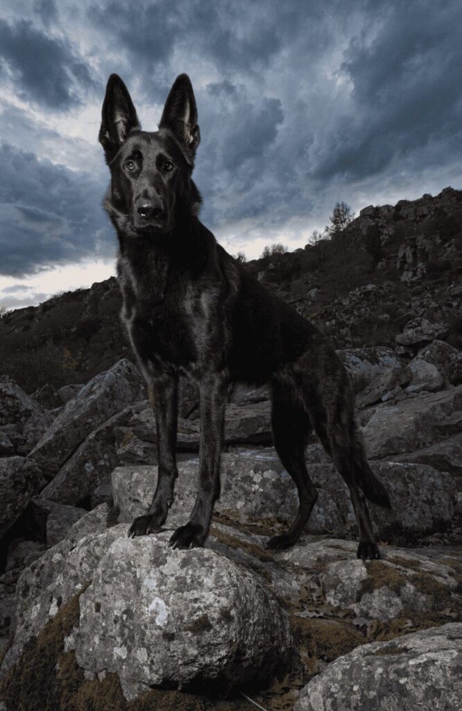 rare black German Shepherd with large erect pointy ears
