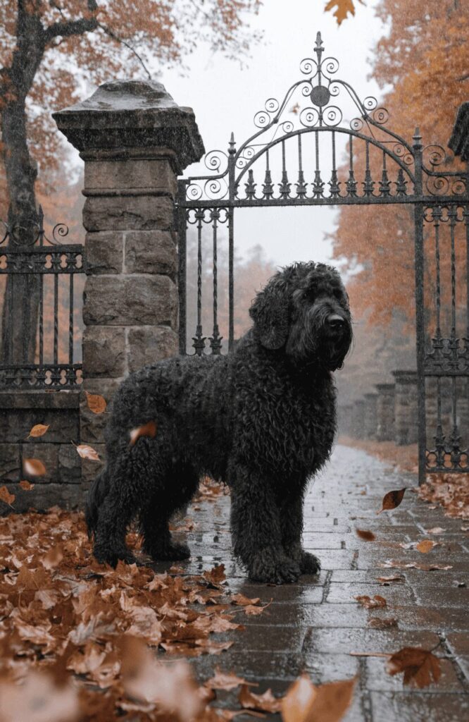 massive Black Russian Terrier guarding estate gate in autumn
