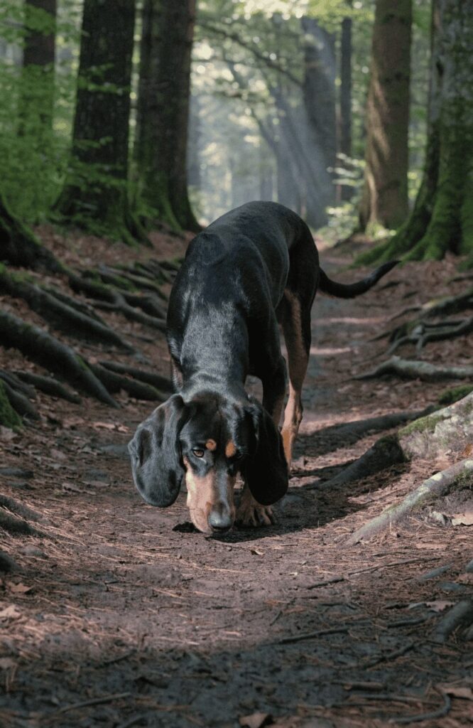 Black and Tan Coonhound nose down tracking forest path