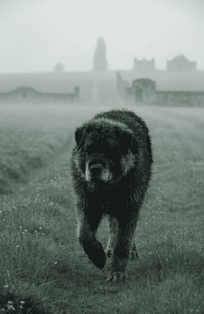 Bouvier des Flandres emerging through morning mist on countryside estate