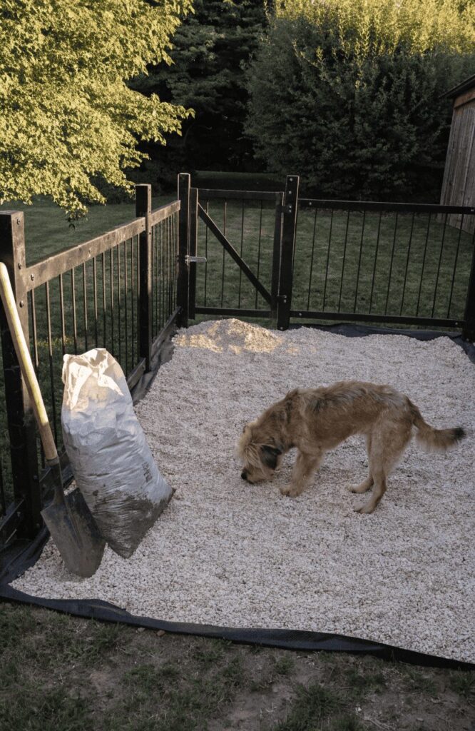 finished budget DIY gravel dog run with a rescue dog exploring inside