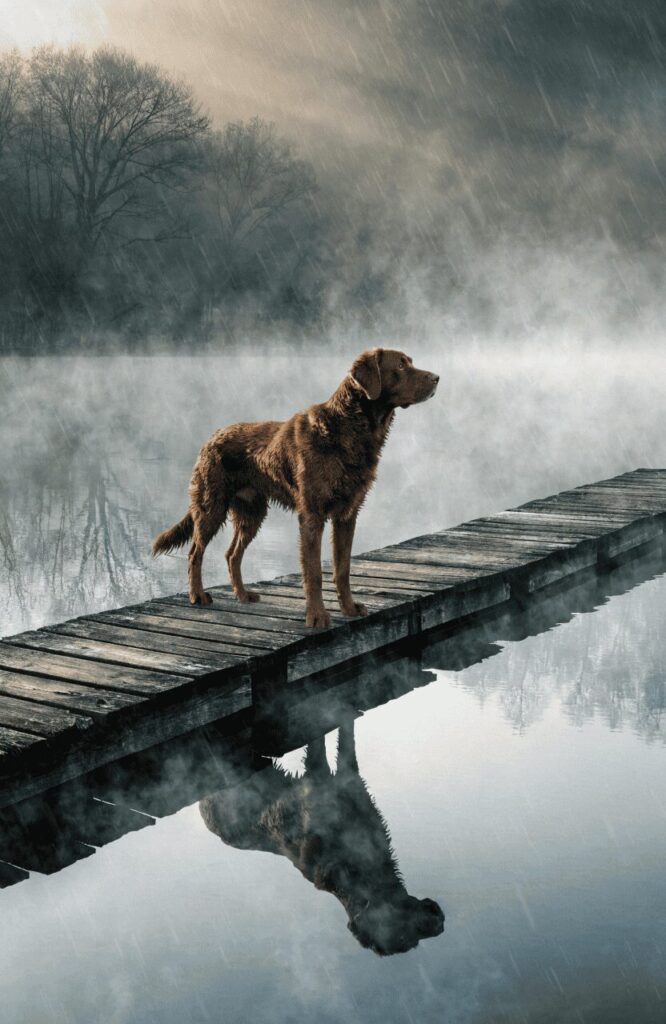 Chesapeake Bay Retriever brown wavy coat dock