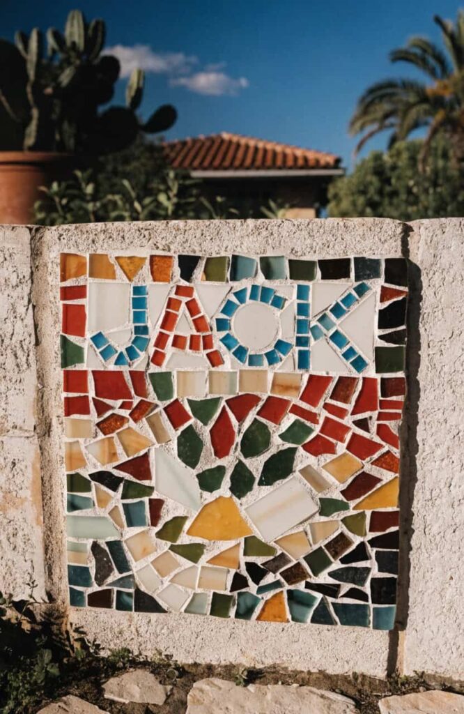 mosaic tile dog kennel name plate colorful outdoor
