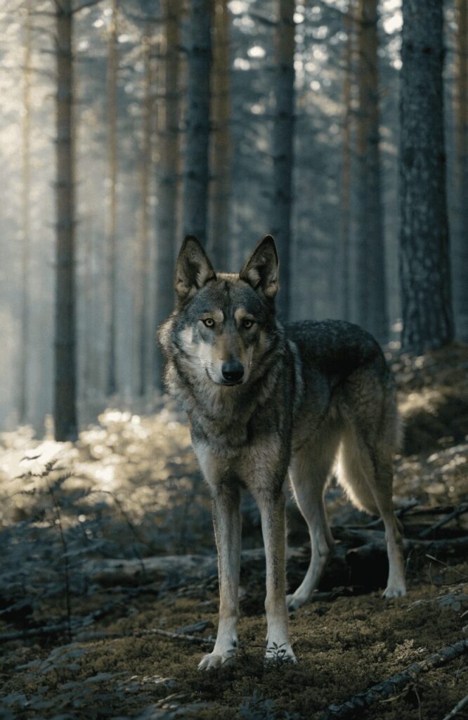 Czechoslovakian Wolfdog standing in pine forest showing its wolf-like appearance