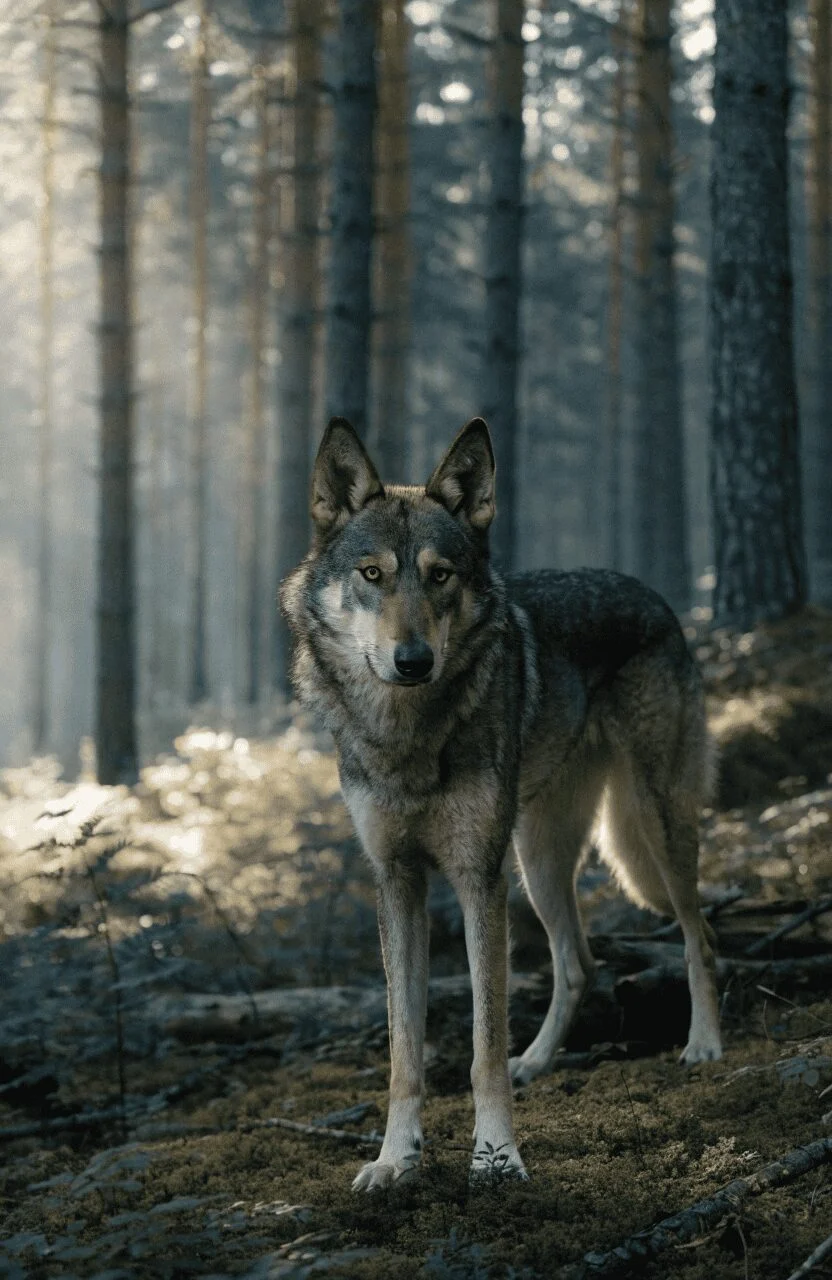 Czechoslovakian Wolfdog standing in pine forest showing its wolf-like appearance