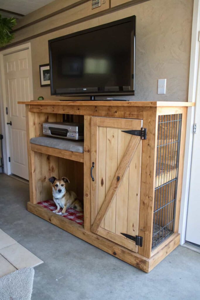 diy entertainment center with dog kennel built from plywood