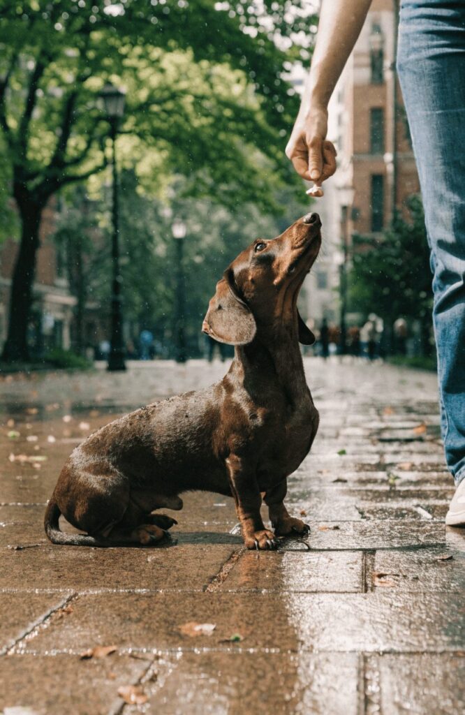 small brown dachshund training with owner