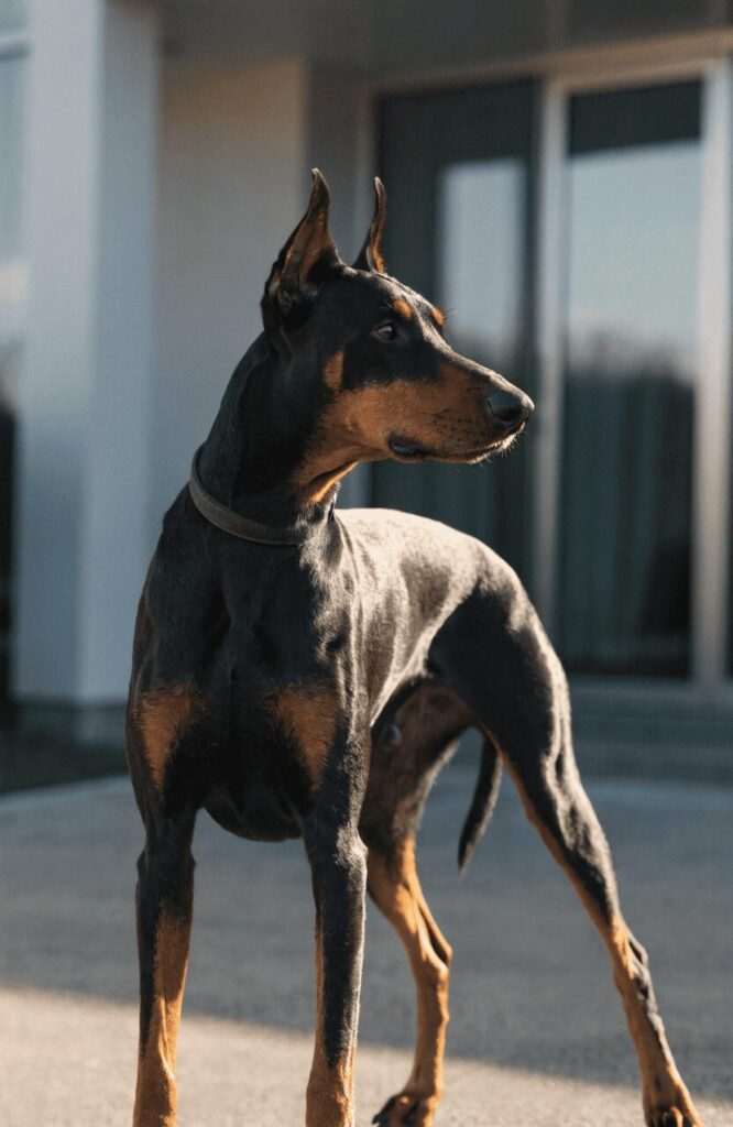 sleek Doberman alert and scanning with sharp intelligent gaze