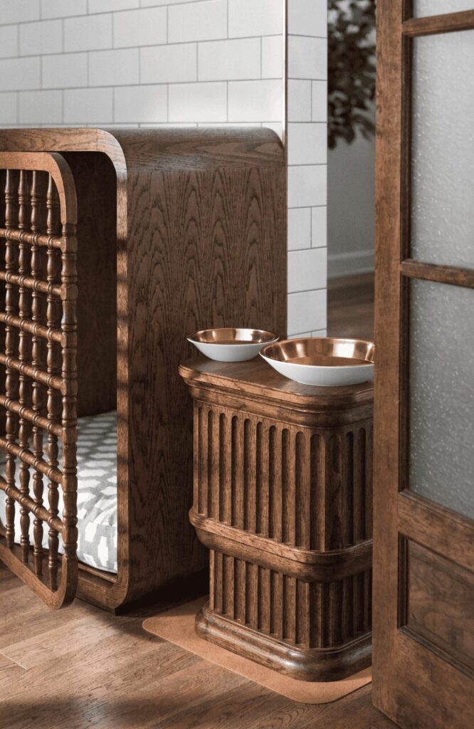 dog feeding station beside decorated kennel
