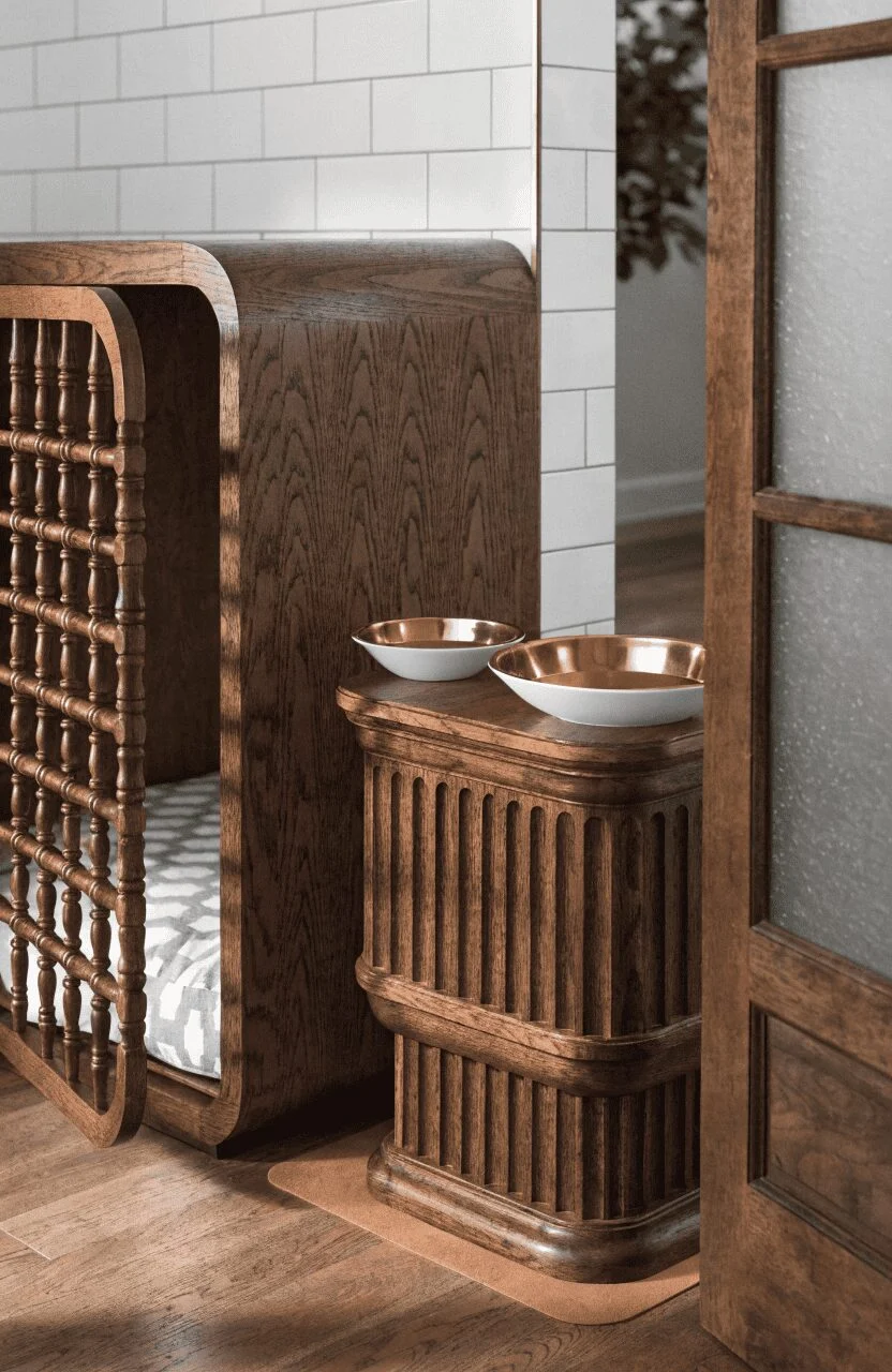 dog feeding station beside decorated kennel