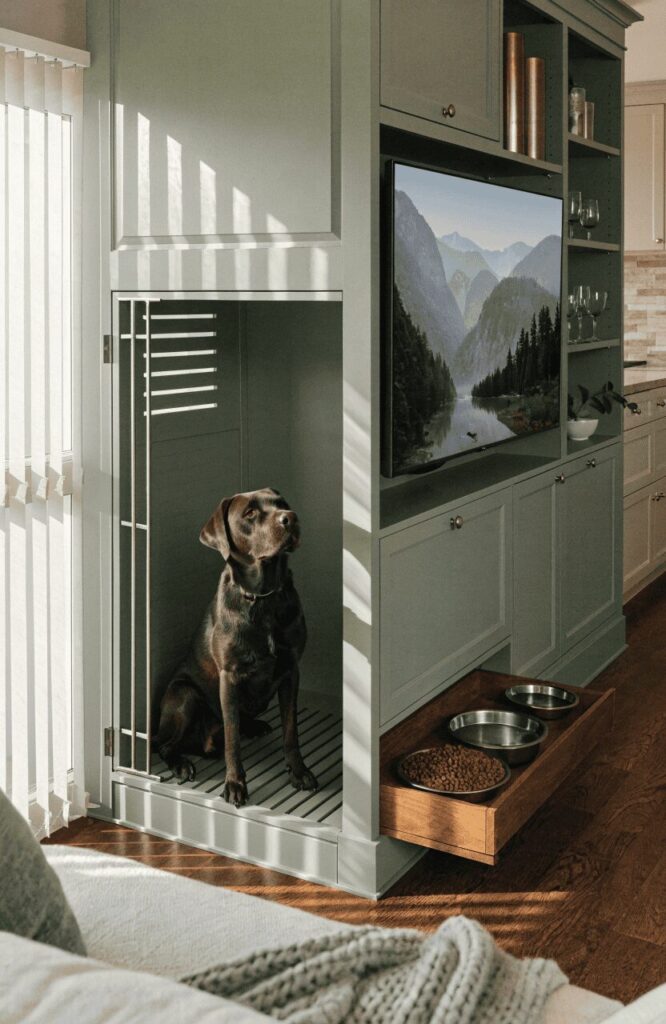 dog kennel entertainment center with feeding station and built-in food bowls