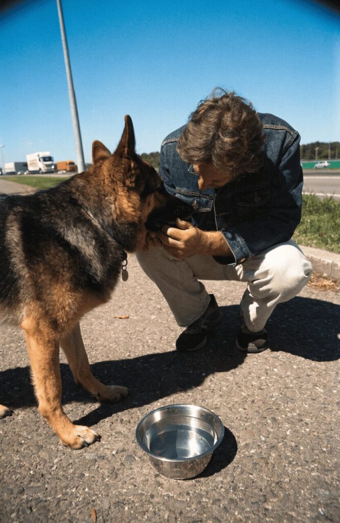 dog owner kneeling to check on dog at highway rest stop during long distance trip