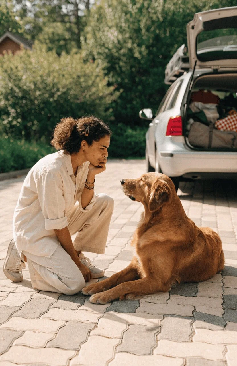 dog looking out car window ready for road trip
