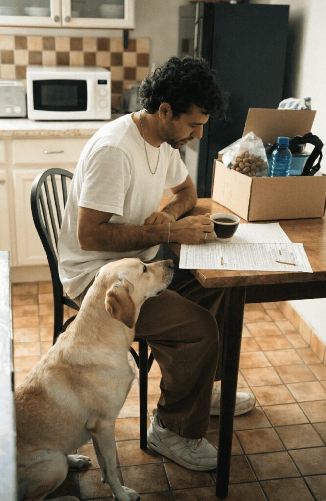 dog owner going through travel checklist with dog before long distance road trip