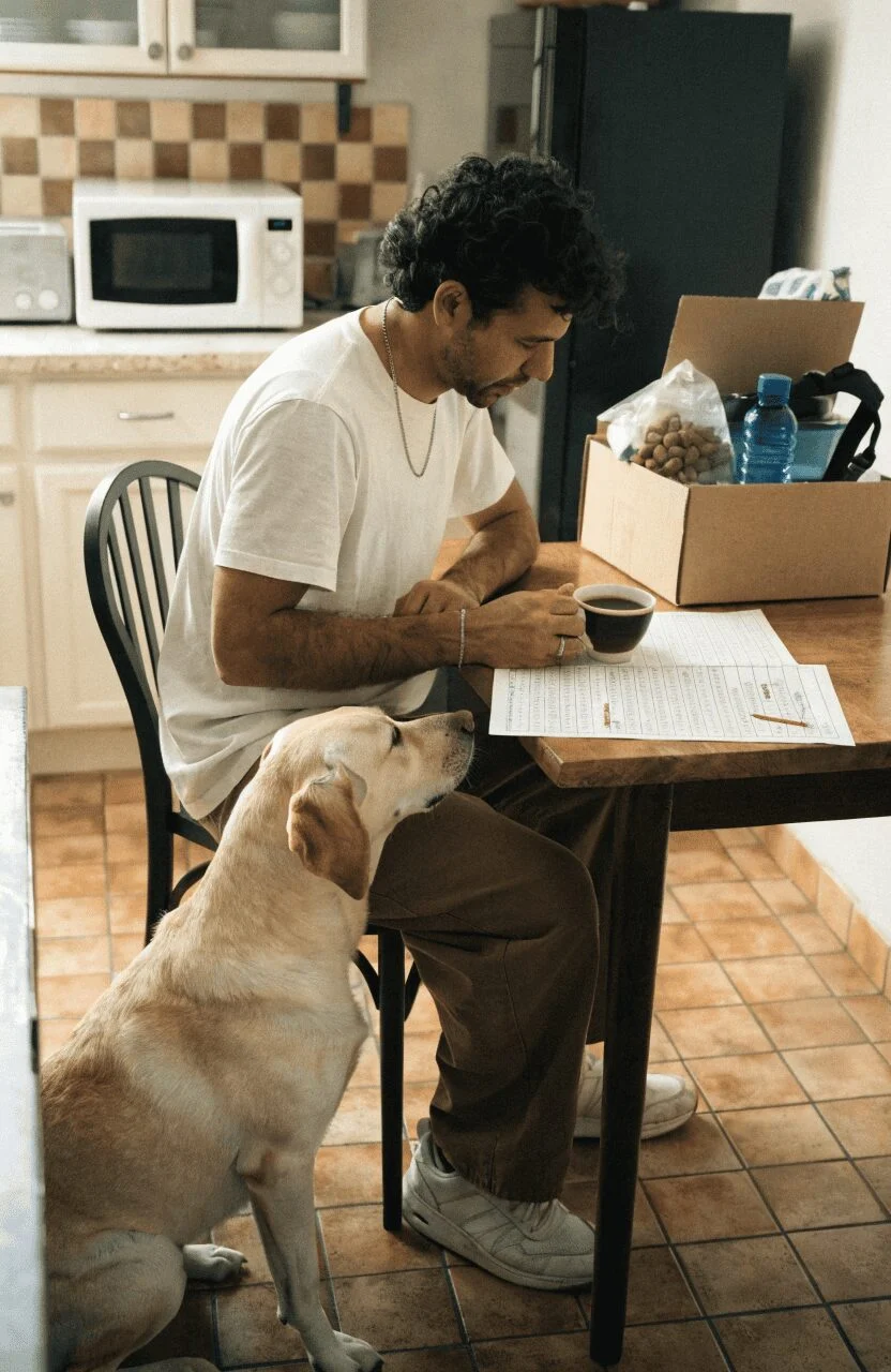 dog owner going through travel checklist with dog before long distance road trip