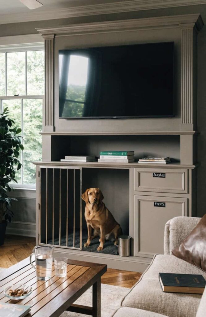 entertainment center with dog kennel and built-in storage drawers