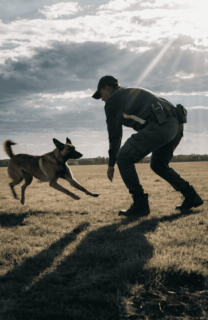 experienced handler training Belgian Malinois off-leash in field