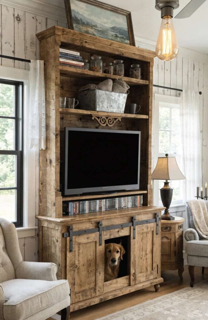 farmhouse entertainment center with dog kennel and barn-style sliding door