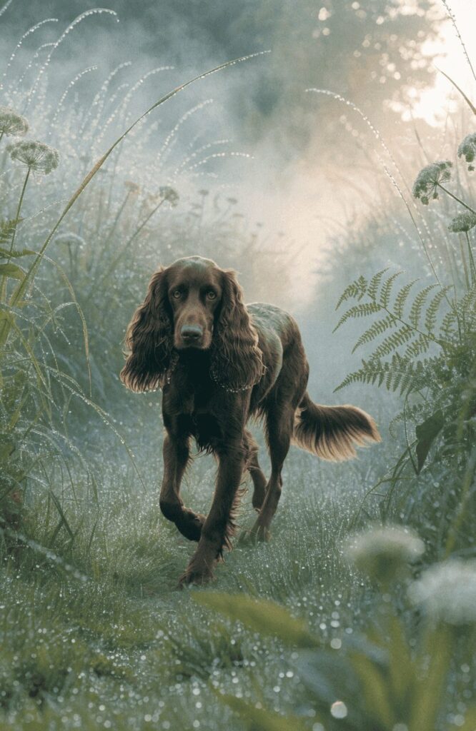 rare Field Spaniel liver brown coat meadow