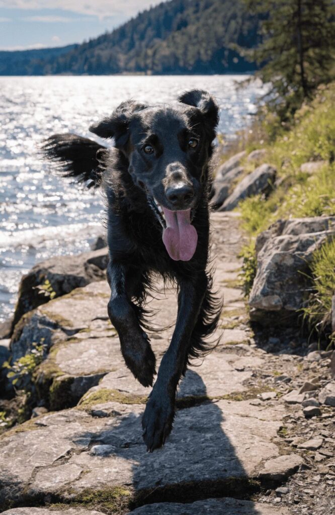 Flat-Coated Retriever joyful black dog running by lake