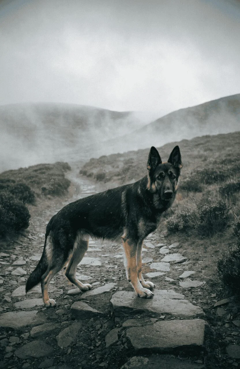 German Shepherd standing alert on a misty highland trail as a loyal protective hiking companion