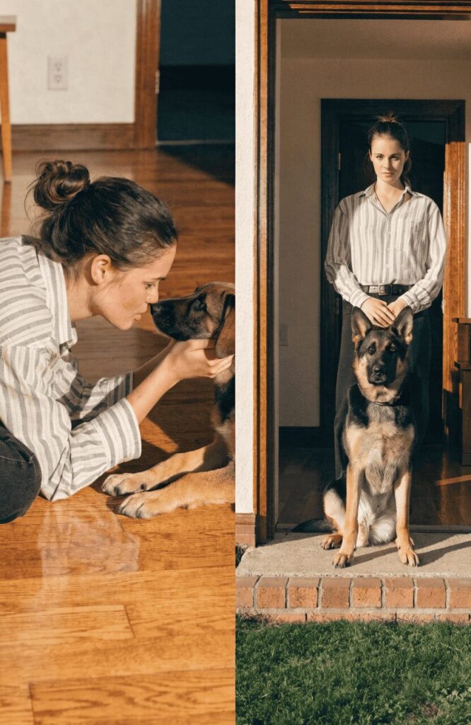 intimate diptych of a woman bonding with a puppy indoors versus standing confidently with a fully trained adult dog outdoors